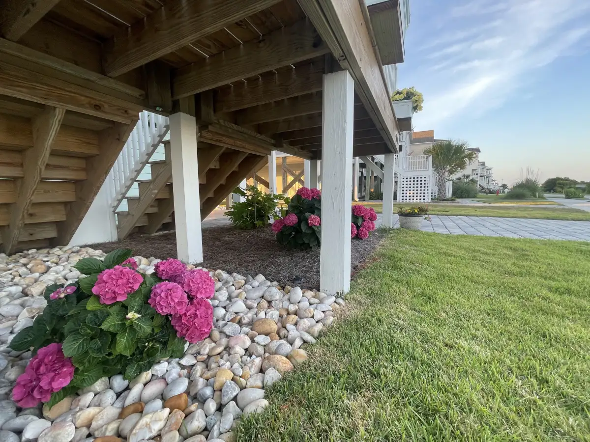 Estate landscape design for Wallace NC River Landing community with paver walkway and mature plantings