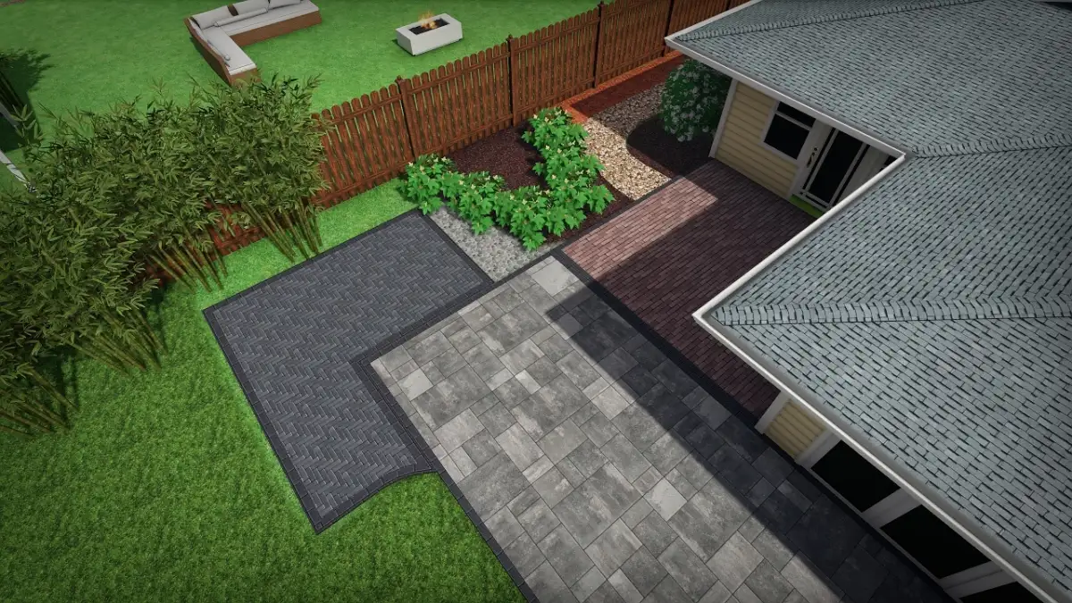 3D rendering of luxury outdoor living space showing paver patio, fire feature, and pergola in coastal North Carolina