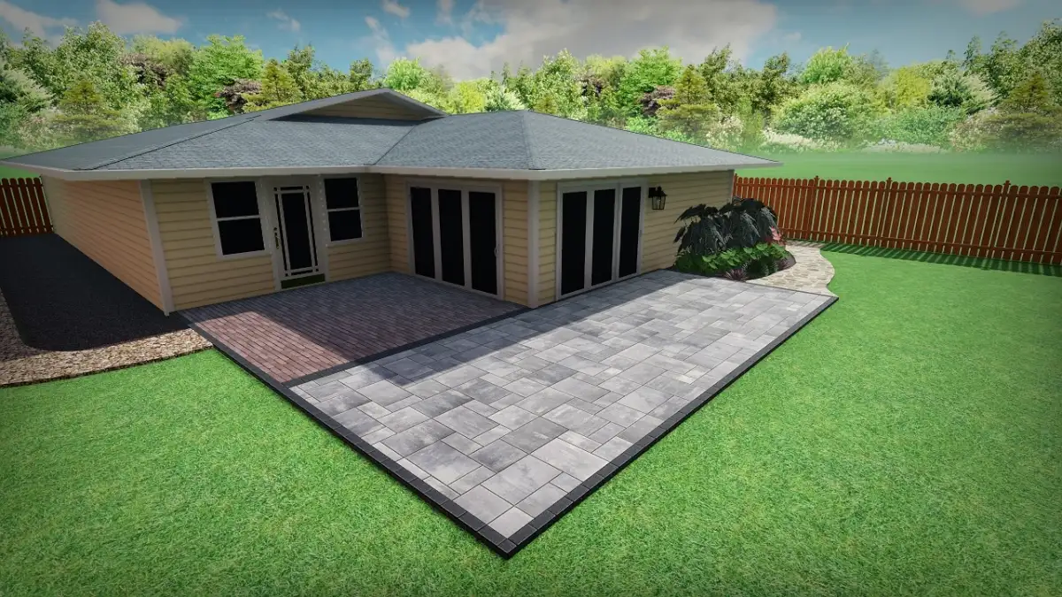 3D landscape design render showing paver patio, fire feature and outdoor kitchen for a Wilmington NC luxury home