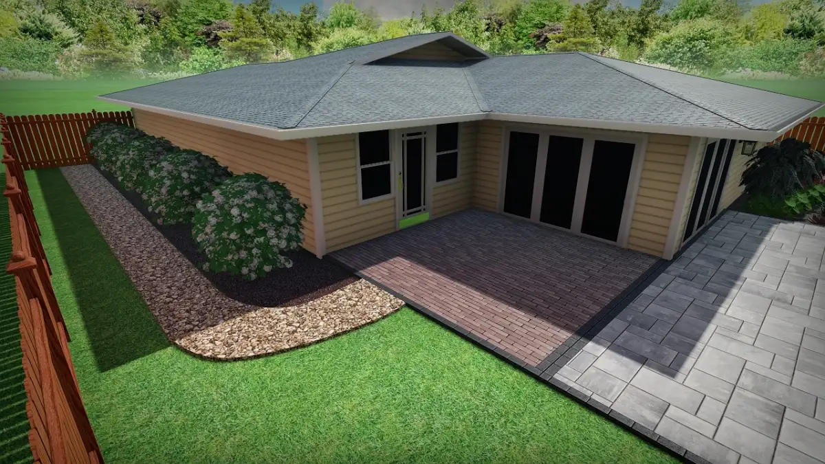 3D render of a luxury paver patio with outdoor kitchen for a Wilmington NC home