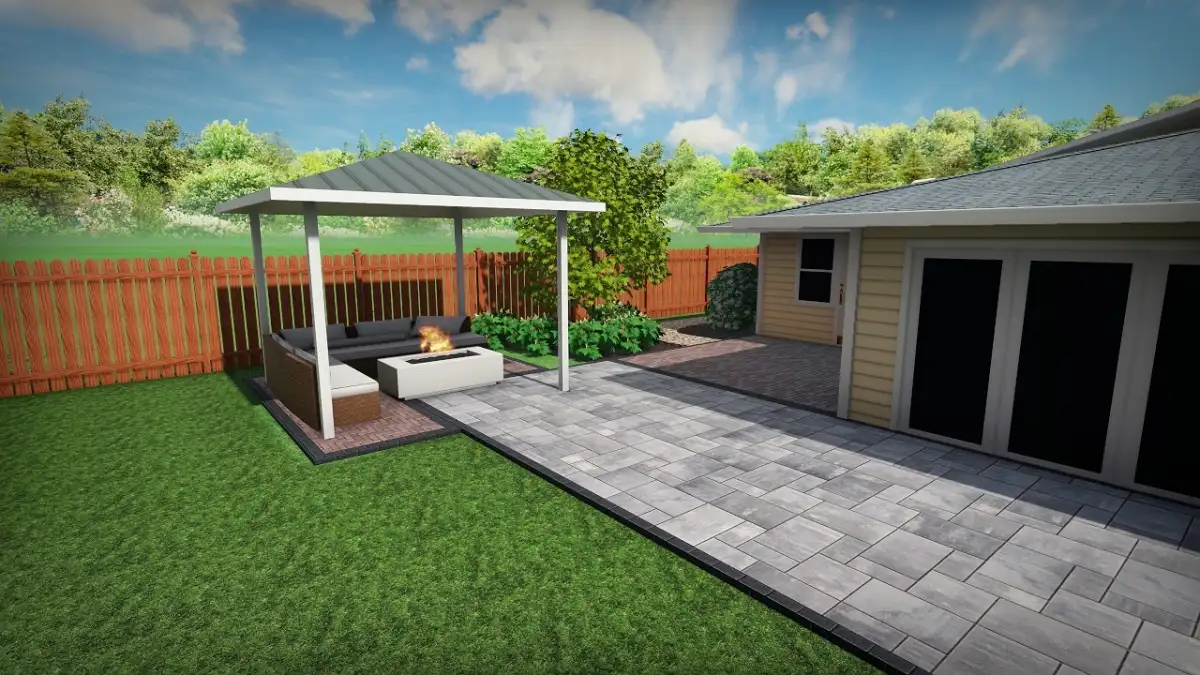 3D landscape design render of luxury backyard with pool surround and fire feature