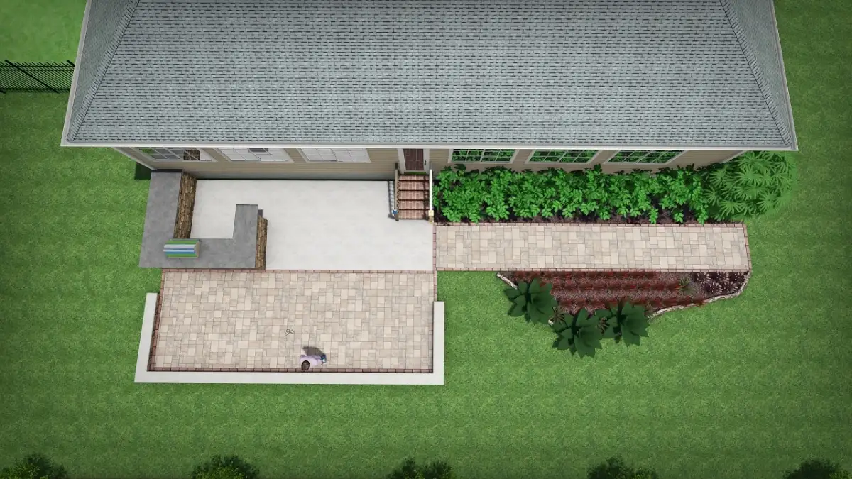 3D rendered night scene of a luxury coastal NC backyard with fire feature and lighting