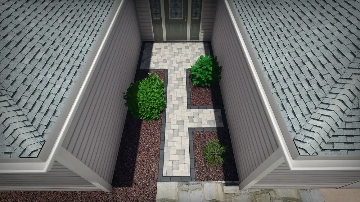 3D render of backyard patio design with fire pit and pergola in NC