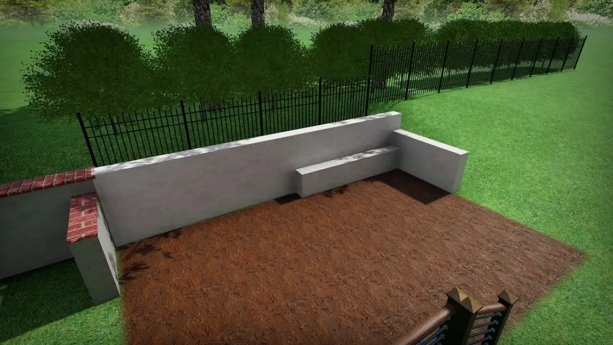 3D render of a coastal NC backyard featuring a pergola, fire pit, and landscape lighting