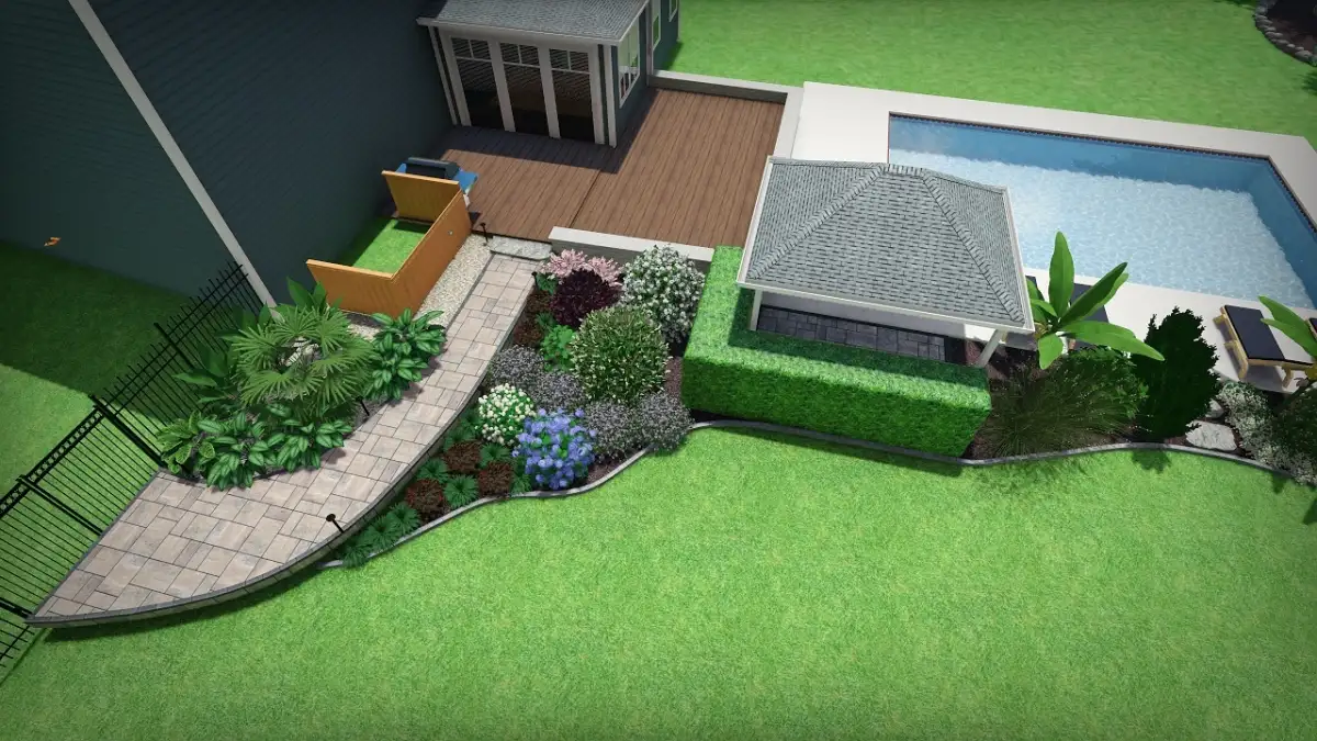 3D render of full backyard redesign with patio, kitchen, and fire pit